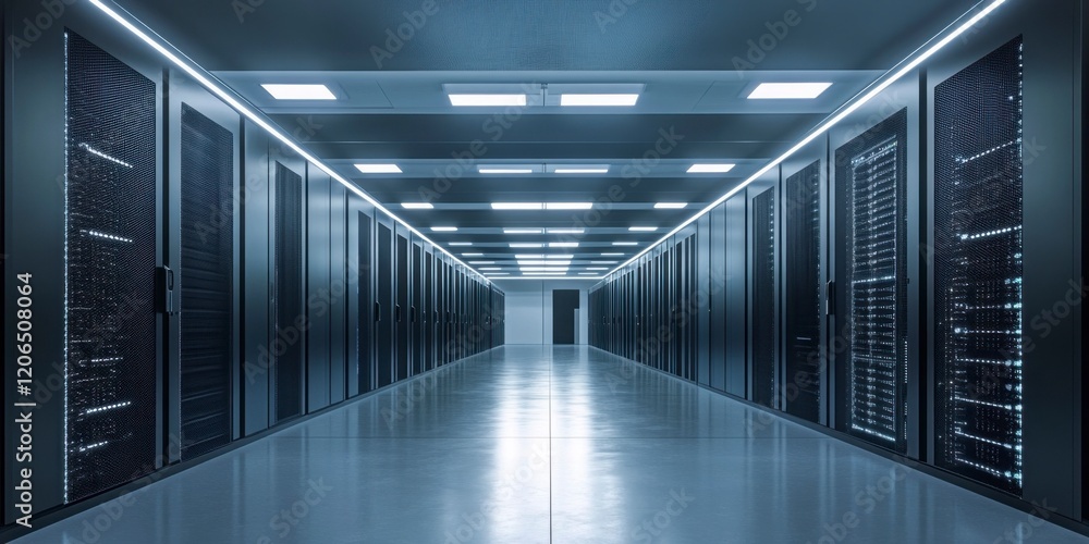 Fototapeta premium Server Room Corridor, Modern Data Center Interior, Futuristic Technology, Dark Blue Lighting
