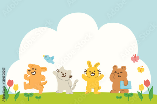 春　動物　キャラクター　背景　かわいい　イラスト　青空