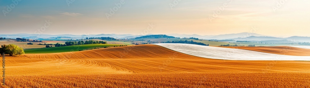 A stunning panoramic view of rolling hills and golden fields. A stunning panoramic view of rolling hills and golden fields.
