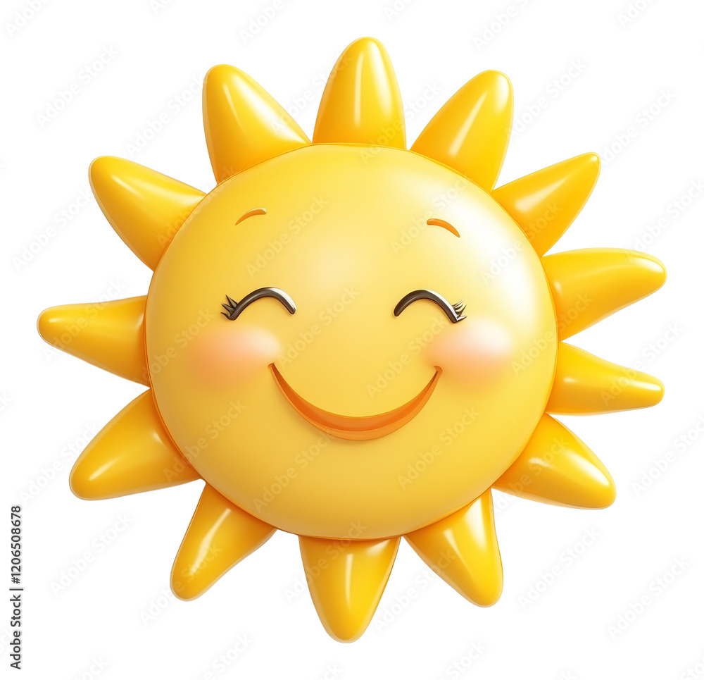 Smiling cartoon sun with cute expression, cheerful mood and bright yellow color. Happiness and positivity concept Smiling cartoon sun with cute expression, cheerful mood and bright yellow color. Happiness and positivity concept