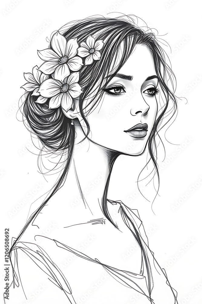 Elegant woman with flowers in her hair, line art drawing. Elegant woman with flowers in her hair, line art drawing.