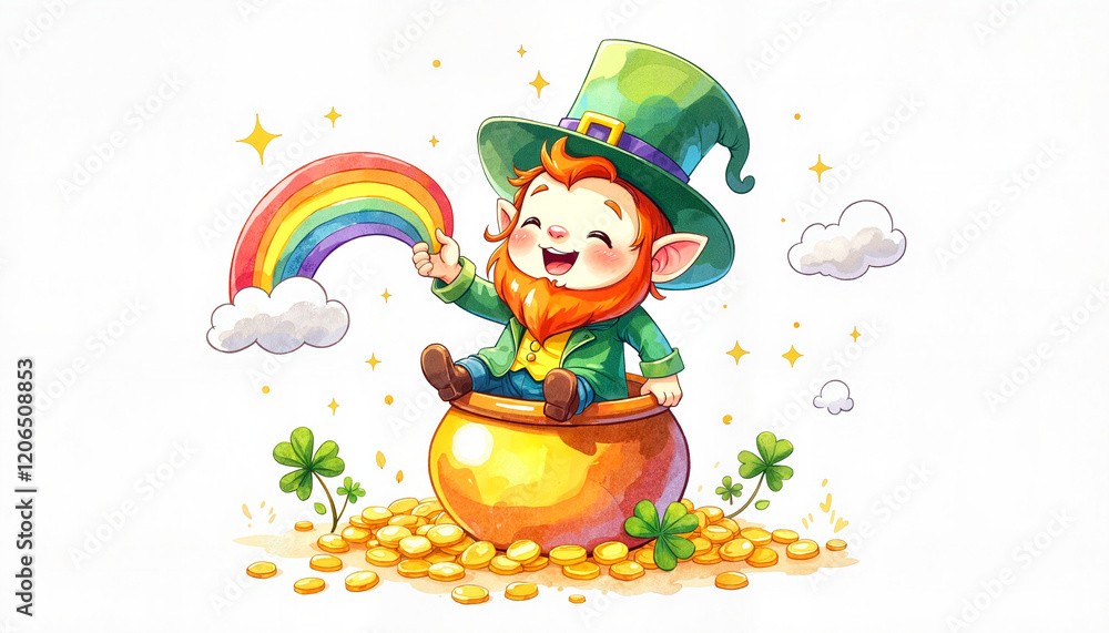 Happy leprechaun sitting on pot of gold with rainbow Happy leprechaun sitting on pot of gold with rainbow