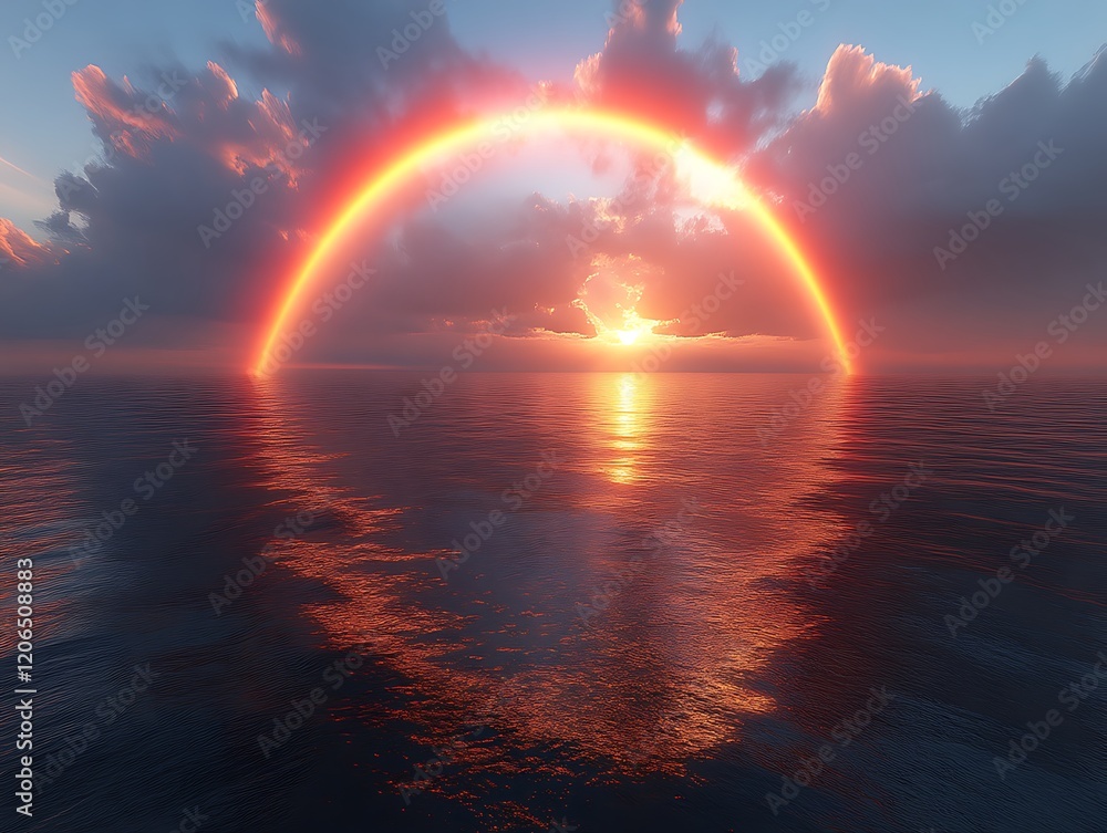 Sunset over ocean with fiery rainbow arc. Sunset over ocean with fiery rainbow arc.