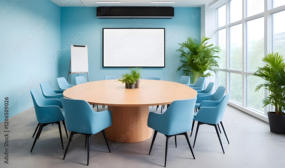 Modern meeting room with blank screen displaying presentation Modern meeting room with blank screen displaying presentation
