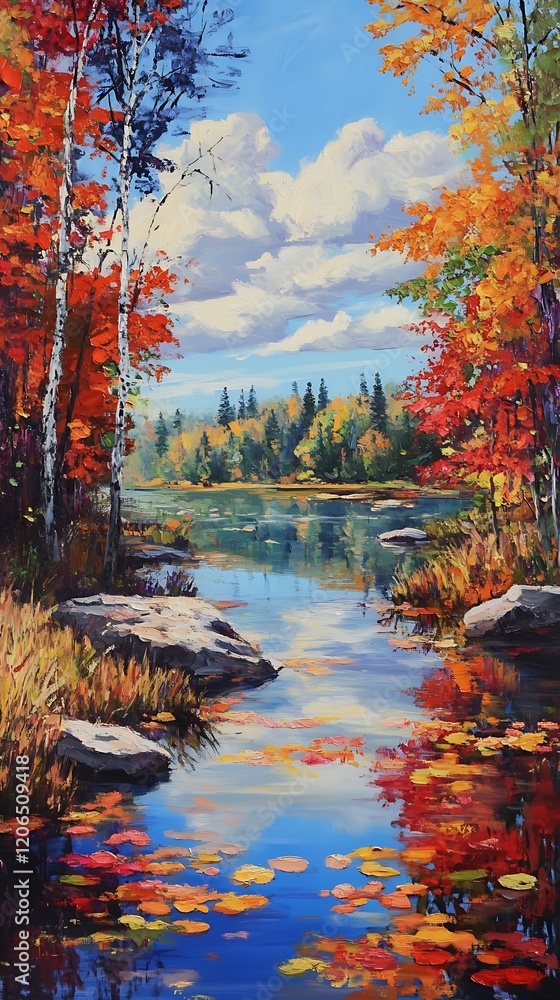 Obraz premium Vibrant autumn landscape with serene water reflection and colorful trees.