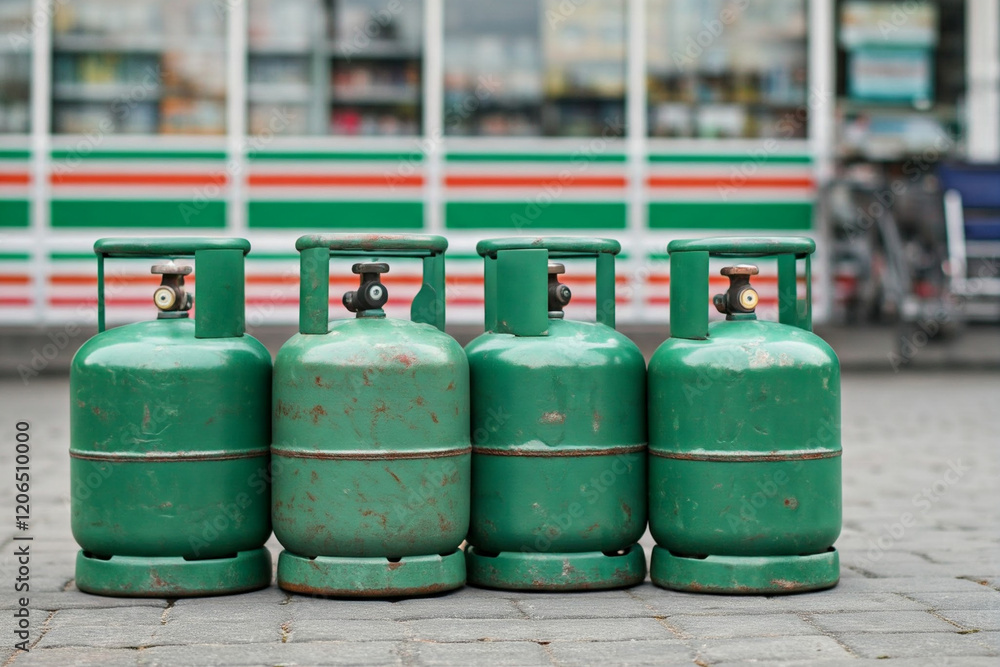 Four rusty green gas tank, lies on the sidewalk in front of a convenience store Four rusty green gas tank, lies on the sidewalk in front of a convenience store