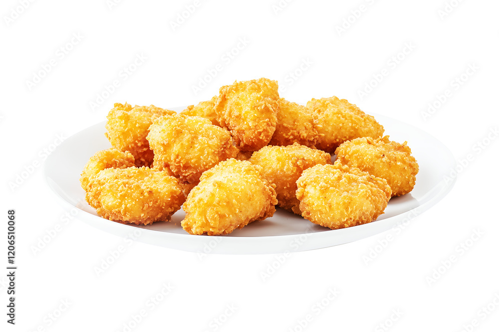 Golden yellow crispy fried shrimp fritters in white ceramic dish isolated on cut out PNG or transparent background. Gourmet or creative food. Appetizing presentation against. Fried shrimp balls. Golden yellow crispy fried shrimp fritters in white ceramic dish isolated on cut out PNG or transparent background. Gourmet or creative food. Appetizing presentation against. Fried shrimp balls.