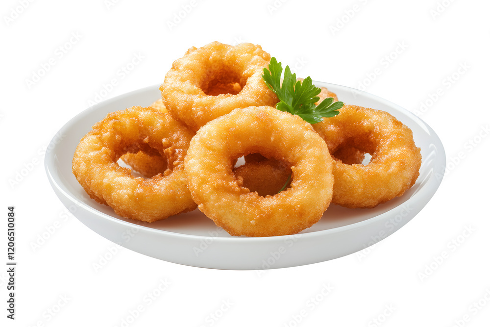 Golden yellow crispy fried shrimp cakes in luxurious white ceramic dish isolated on cut out PNG or transparent background. Gourmet or creative food. Appetizing presentation against. Fried shrimp balls Golden yellow crispy fried shrimp cakes in luxurious white ceramic dish isolated on cut out PNG or transparent background. Gourmet or creative food. Appetizing presentation against. Fried shrimp balls