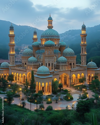 Majestic mosque twilight, hilltop, landscape, serenity, travel photo