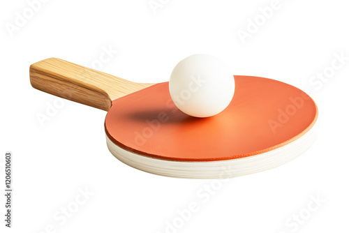 Ping pong racket red and ball smooth and white isolated on cut out PNG or transparent background. Table tennis paddle addle features wooden handle. Ideal for themes of sport recreation and fitness.	