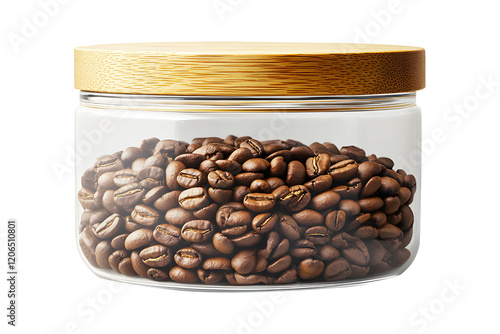 Coffee beans dark brown in plastic or glass jar clear and brown wooden cover isolated on cut out PNG or transparent background. Ideas for themes related to products. Preservation and storage. photo