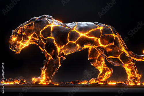 Animal Black panther or jaguar in walking crafted entirely from molten magma or lava and blazing fire. Majestic elegance glowing with fiery cracks like molten surface. Red and orange hues radiate. photo