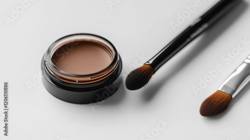Brown cream eyeshadow in jar with two brushes.