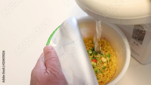 カップ麺にお湯を注ぐ