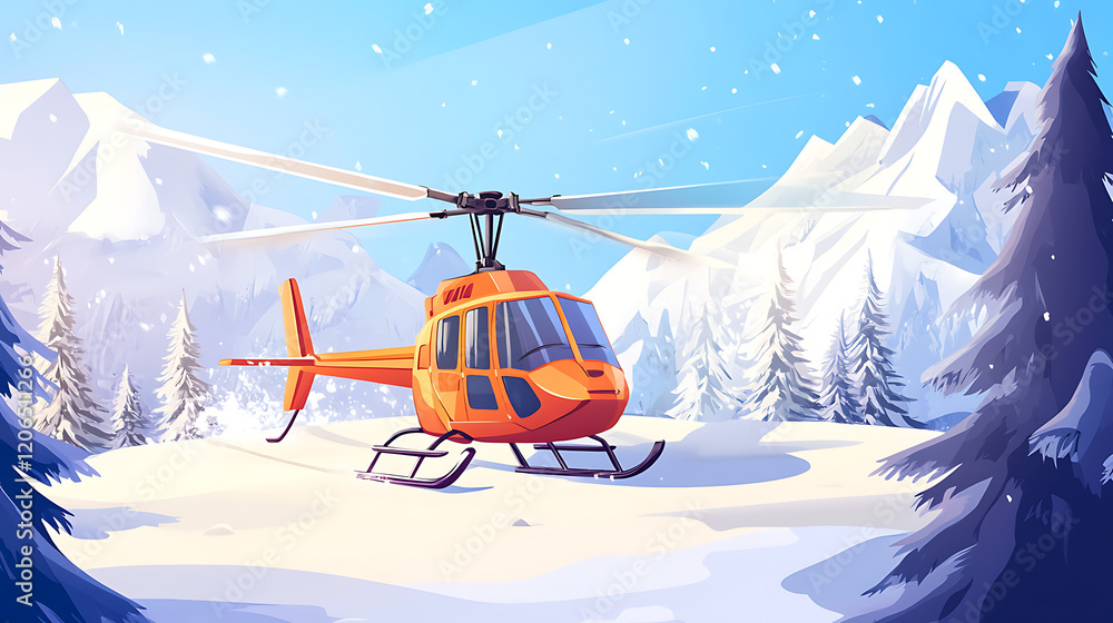Vibrant orange helicopter landing in a snowy mountain landscape surrounded by tall pine trees Vibrant orange helicopter landing in a snowy mountain landscape surrounded by tall pine trees