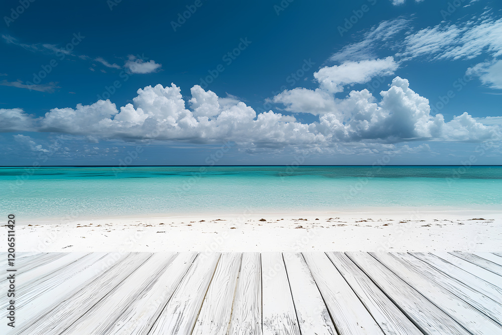 Fototapeta premium Landscape empty white wooden floor or table with sea waves hitting shore. Summer sea blue and white beach, rocks, Cloudy sky with bright sunlight is background. Interior display show products.