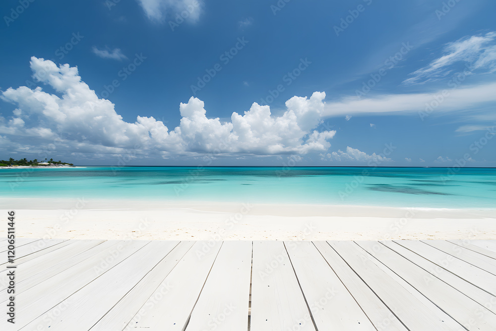 Fototapeta premium Landscape empty white wooden floor or table with sea waves hitting shore. Summer sea blue and white beach, rocks, Cloudy sky with bright sunlight is background. Interior display show products.