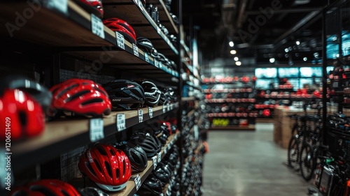 Display of red cycling helmets in a modern sporting goods store.