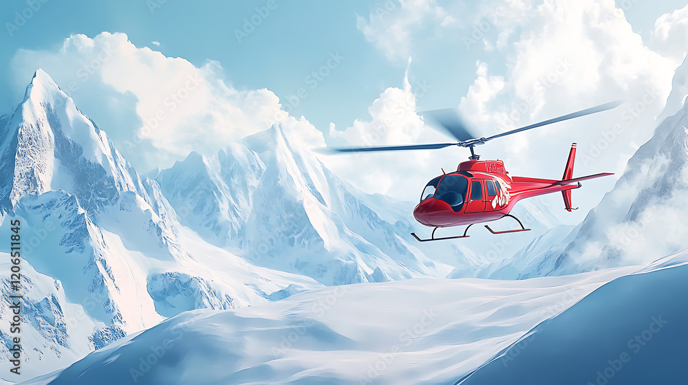 Helicopter flying over snow-covered mountains under a blue sky with fluffy clouds in the background Helicopter flying over snow-covered mountains under a blue sky with fluffy clouds in the background