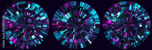Set of neon circular anisotropic surfaces with dynamic bursts of blue purple tones and futuristic aesthetics. Colorful concentric circle banners with vibrant radial digital lines. Vector illustration