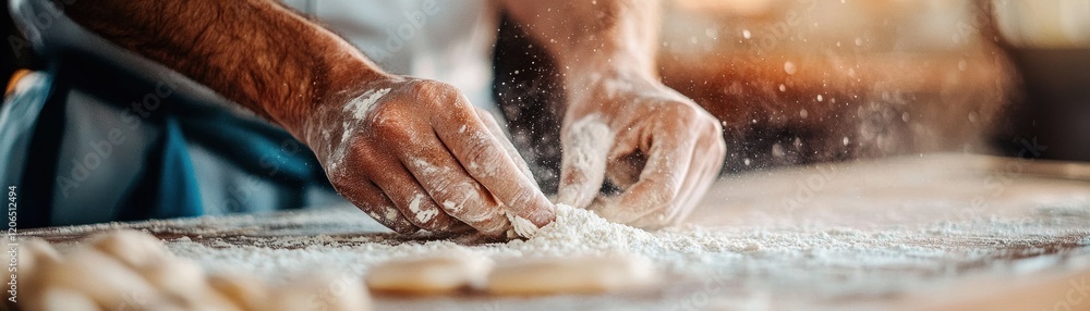 Hands preparing dough on a floured surface in a cozy kitchen. Hands preparing dough on a floured surface in a cozy kitchen.