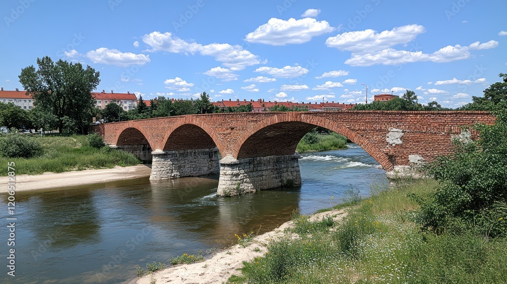 Fototapeta premium Brick Arch Bridge Over Serene River Surrounded by Lush Greenery