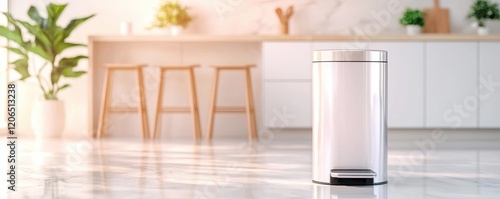 Modern kitchen interior with a sleek trash can and greenery.