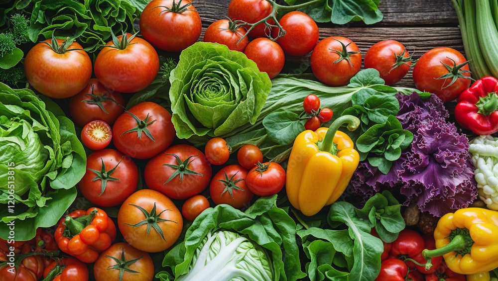 Panoramic food background with assortment of fresh organic fruits and vegetables Panoramic food background with assortment of fresh organic fruits and vegetables