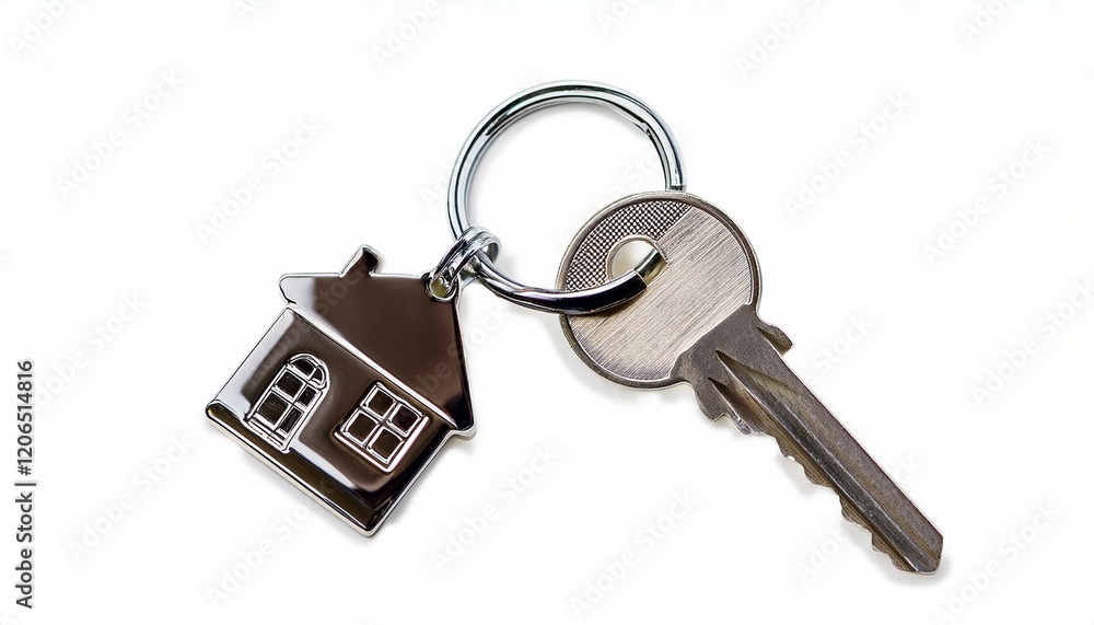 House key on a keyring against a white background. House key on a keyring against a white background.