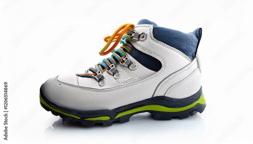 Stylish white hiking boot with colorful laces. Stylish white hiking boot with colorful laces.