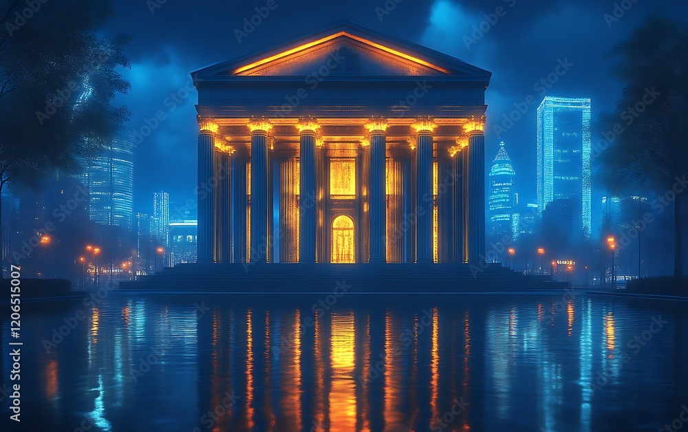 Obraz premium Night city temple reflection, urban scene, architectural design