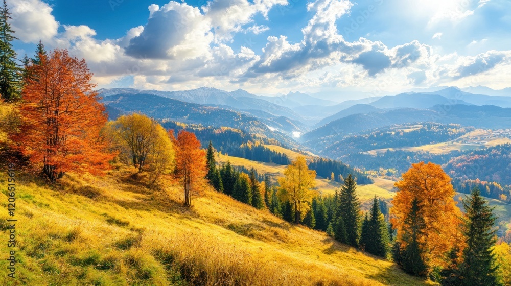 Naklejka premium Autumnal Mountain Majesty: A Breathtaking Panorama of Golden Hills and Vivid Foliage