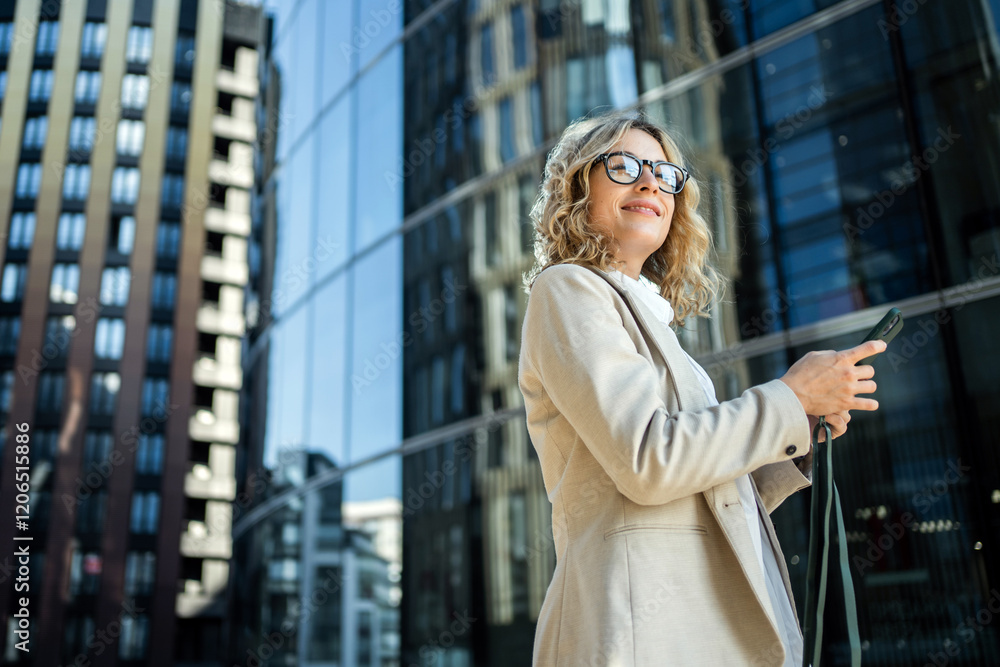 Obraz premium Businesswoman using smartphone while standing outside modern office building on sunny day