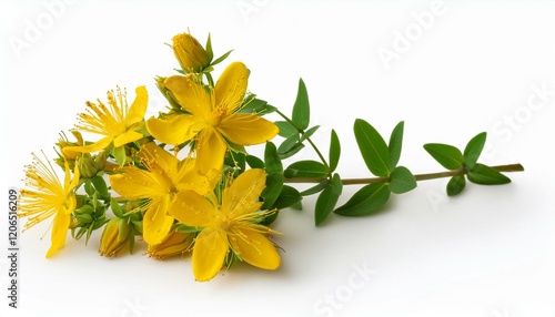 Bright yellow St. John's wort flowers and green leaves on white background.