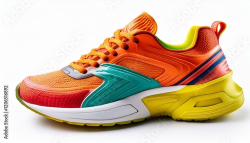 Colorful athletic shoe with orange, teal, and yellow accents. photo