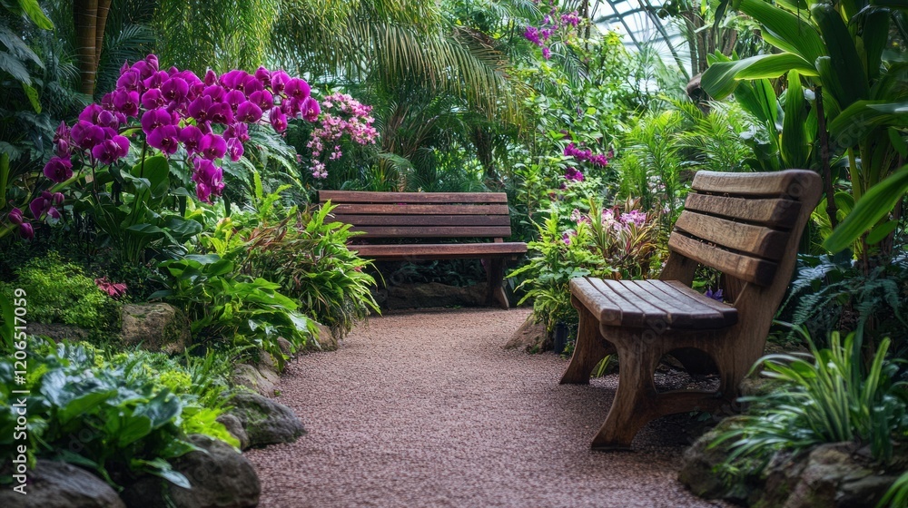 Serene Botanical Garden Path with Wooden Benches and Orchids Serene Botanical Garden Path with Wooden Benches and Orchids