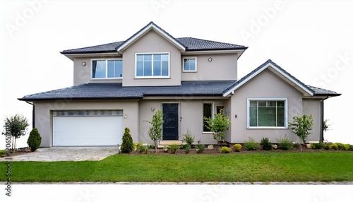 Modern two-story house with a gray exterior and a well-manicured lawn.