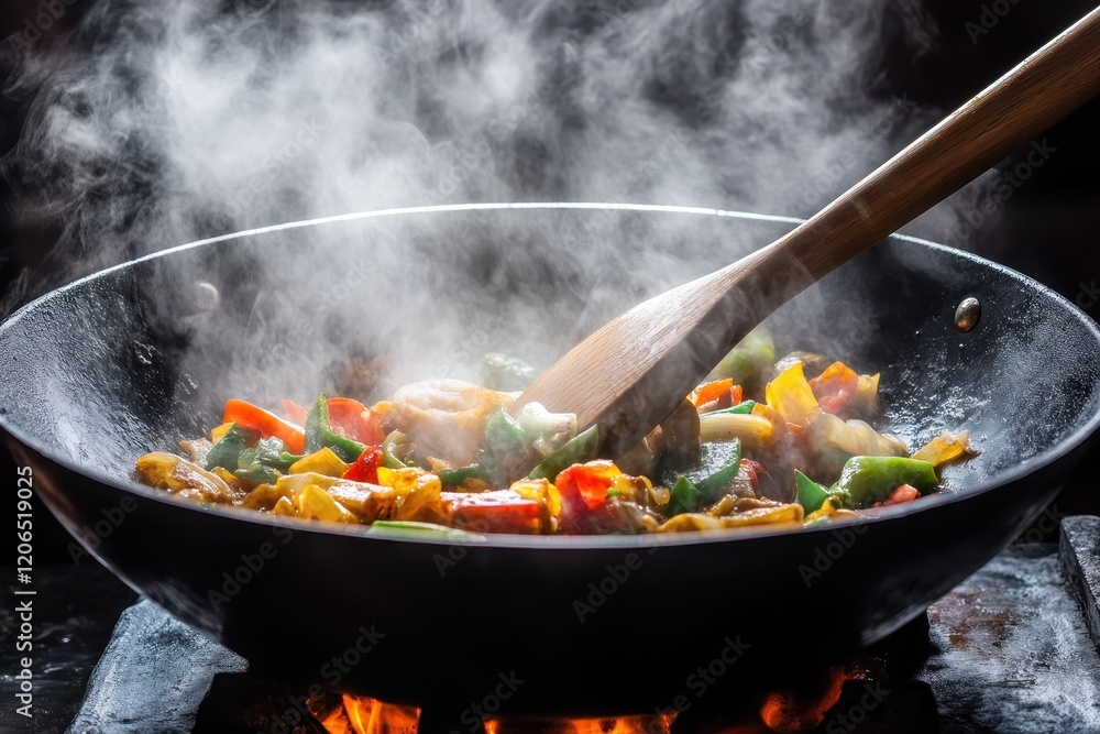 Stir-fried vegetables and meat in a wok, steaming hot. Perfect for illustrating healthy eating, cooking, or restaurant menus. Stir-fried vegetables and meat in a wok, steaming hot. Perfect for illustrating healthy eating, cooking, or restaurant menus.