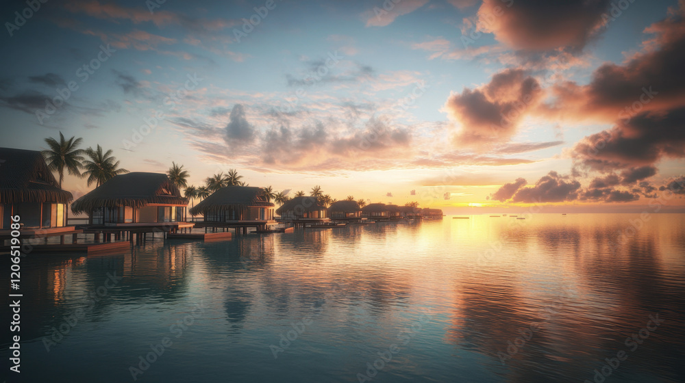 Naklejka premium Scenic Overwater Bungalows at Sunset by the Ocean