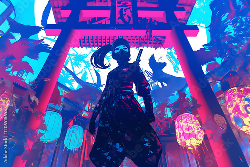 Mysterious ninja figure stands confidently in vibrant temple setting surrounded by colorful lanterns photo