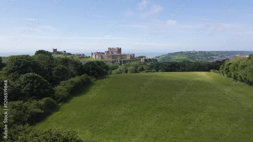 Cinematic drone shot over summer green fields in the British Countryside, approaching Dover Castle. 2 of 2 Cinematic drone shot over summer green fields in the British Countryside, approaching Dover Castle. 2 of 2
