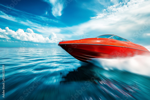 Speedboat racing along clear waters with a thrilling rush and dynamic motion photo