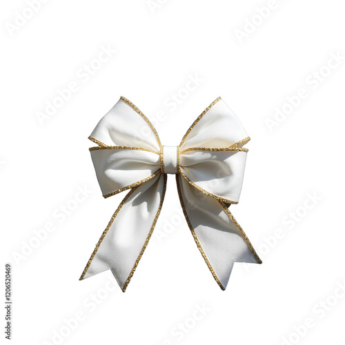 Elegant white bow with golden shimmer, centrally placed against a stark black backdrop. Shadow graces the left, enhancing depth; features a transparent background for seamless integration.   transpare photo