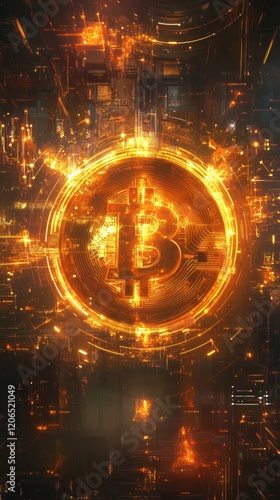 Glowing Bitcoin Symbol on Futuristic Digital Background - Made with Generative AI photo