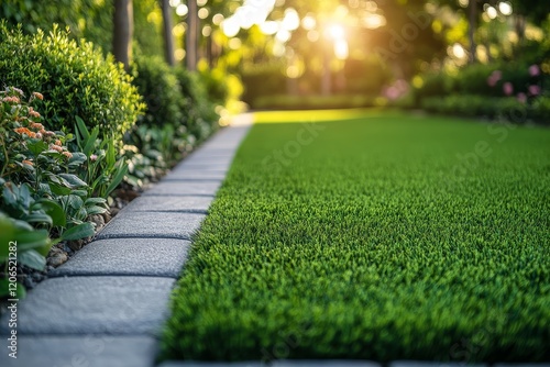 Beautiful green lawn with bushes and flowers  well-tailored landscape design  neatly trimmed shrubs and trees along path  lush grass carpet effect  summer garden.
