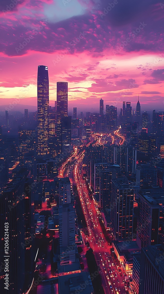 Fototapeta premium Vibrant cityscape at sunset with illuminated roads and skyscrapers.