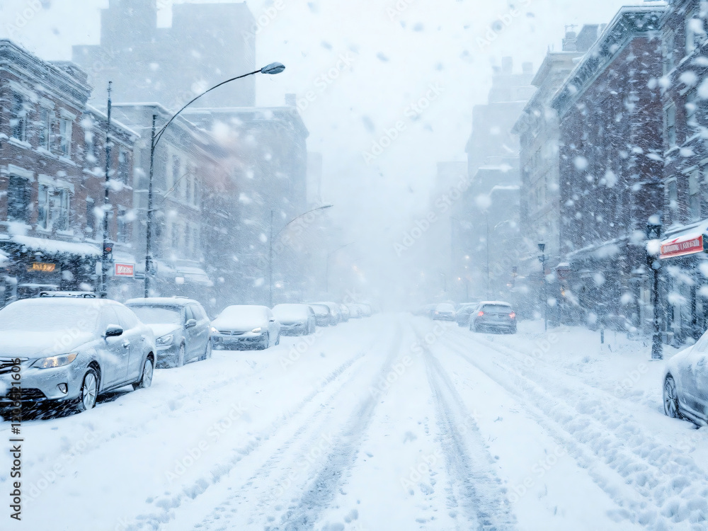 Obraz premium Violent Nature: Blizzard - Heavy Snowstorm Engulfs City Street. Snowflakes Falling, Cars And Buildings Covered In Snow. Harsh, Icy Winter Scene With Empty Roads.