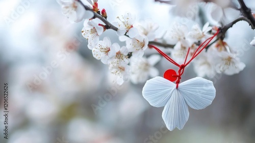 Martisor celebration: red and white threads, floral boutonnieres, traditional ornament, joyful feast, spring greeting, cultural symbol, handmade flowers, festive spirit, Romanian vibrant tradition.