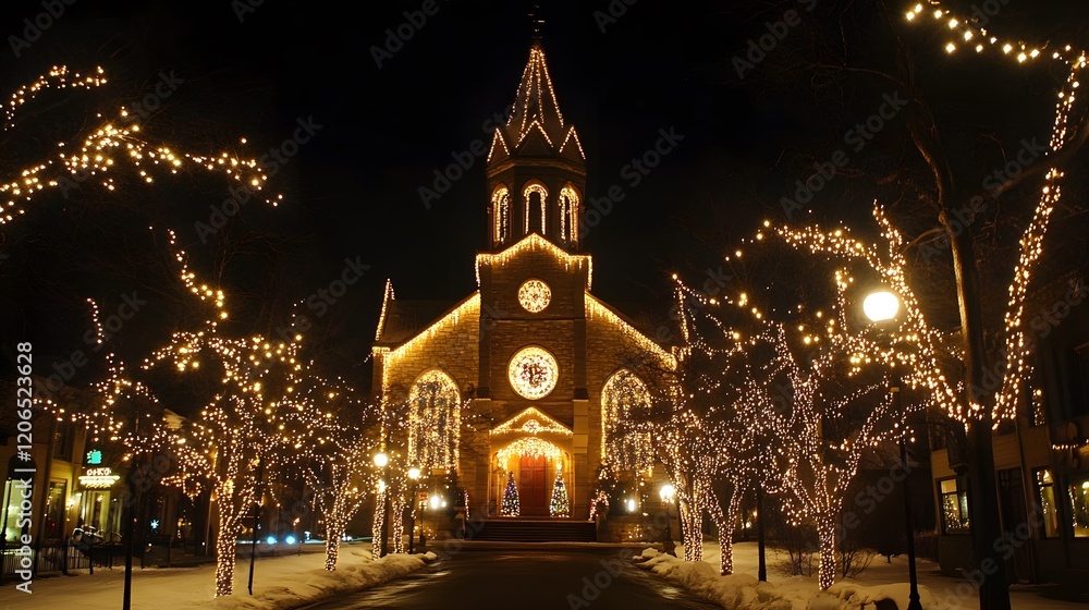 Fototapeta premium Festive Church Illumination Winter Night Scene