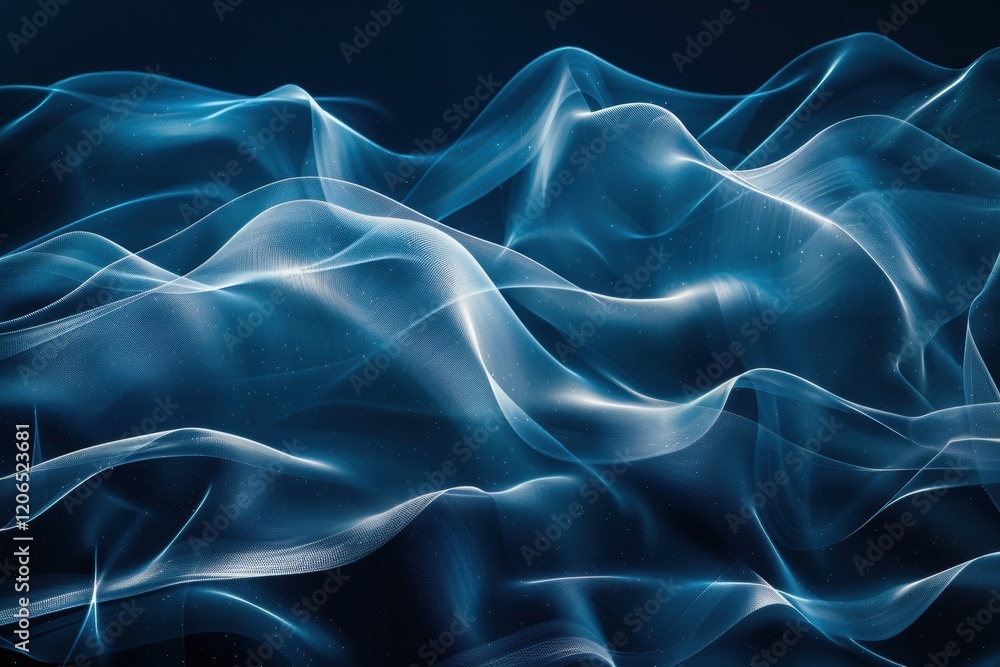 Fototapeta premium Dark blue abstract backdrop. Intersecting lines create smooth waveforms with soft glowing edges. Clean contemporary design. Polished and sleek.
